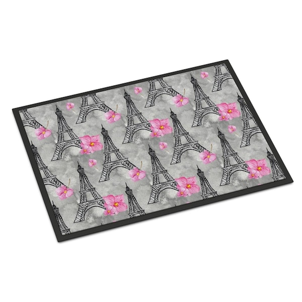 Carolines Treasures Watercolor Pink Flowers Eiffel Tower Indoor or Outdoor Mat, 18 x 27 in. BB7503MAT - main